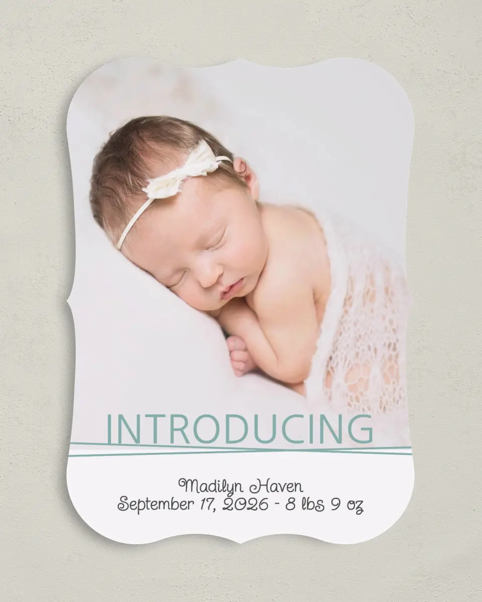This is a 5" x 7" Birth Announcement Card called Delicate Dreamer printed in full color on Premium Smooth paper
