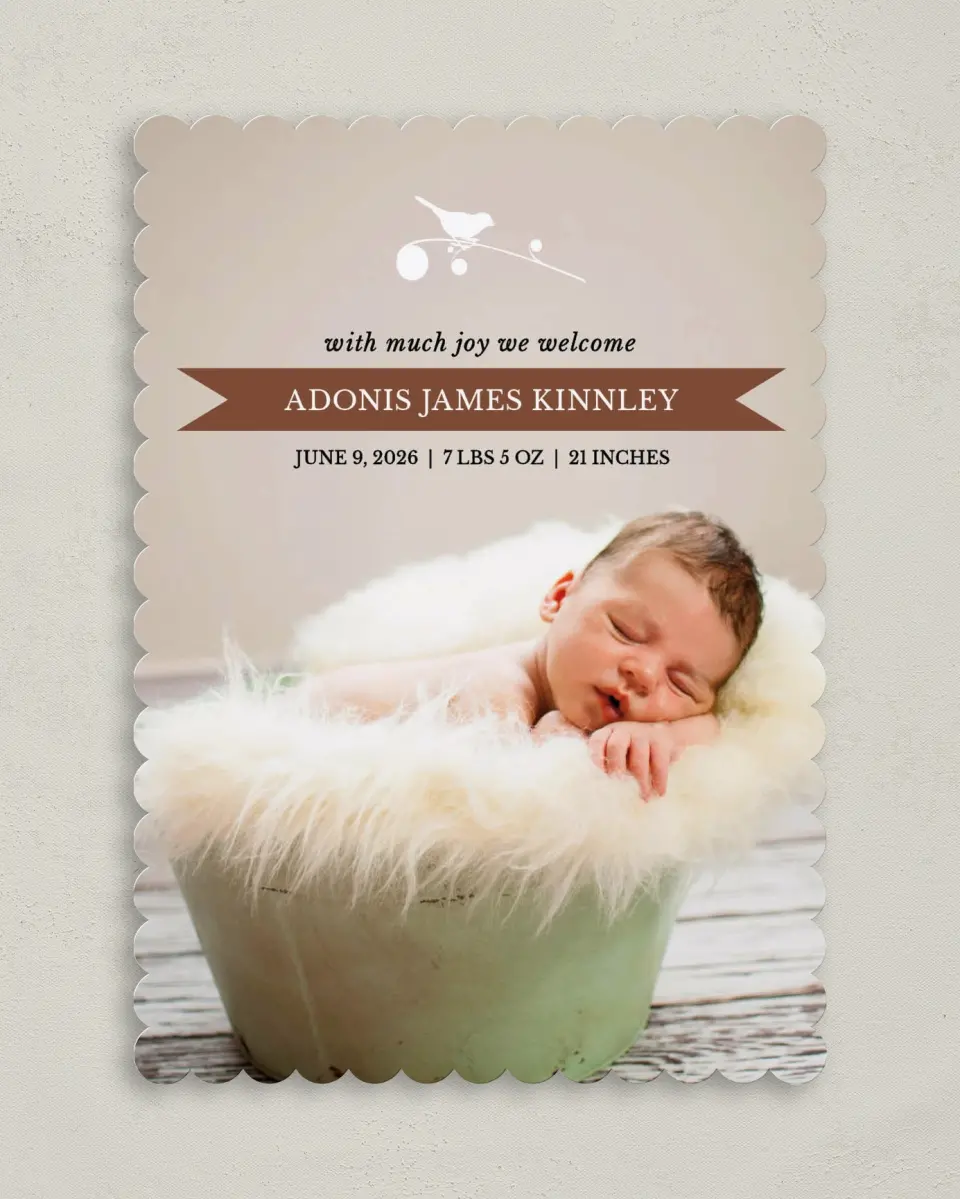This is a 5" x 7" Birth Announcement Card called Tweetie Pie printed in full color on Premium Smooth paper