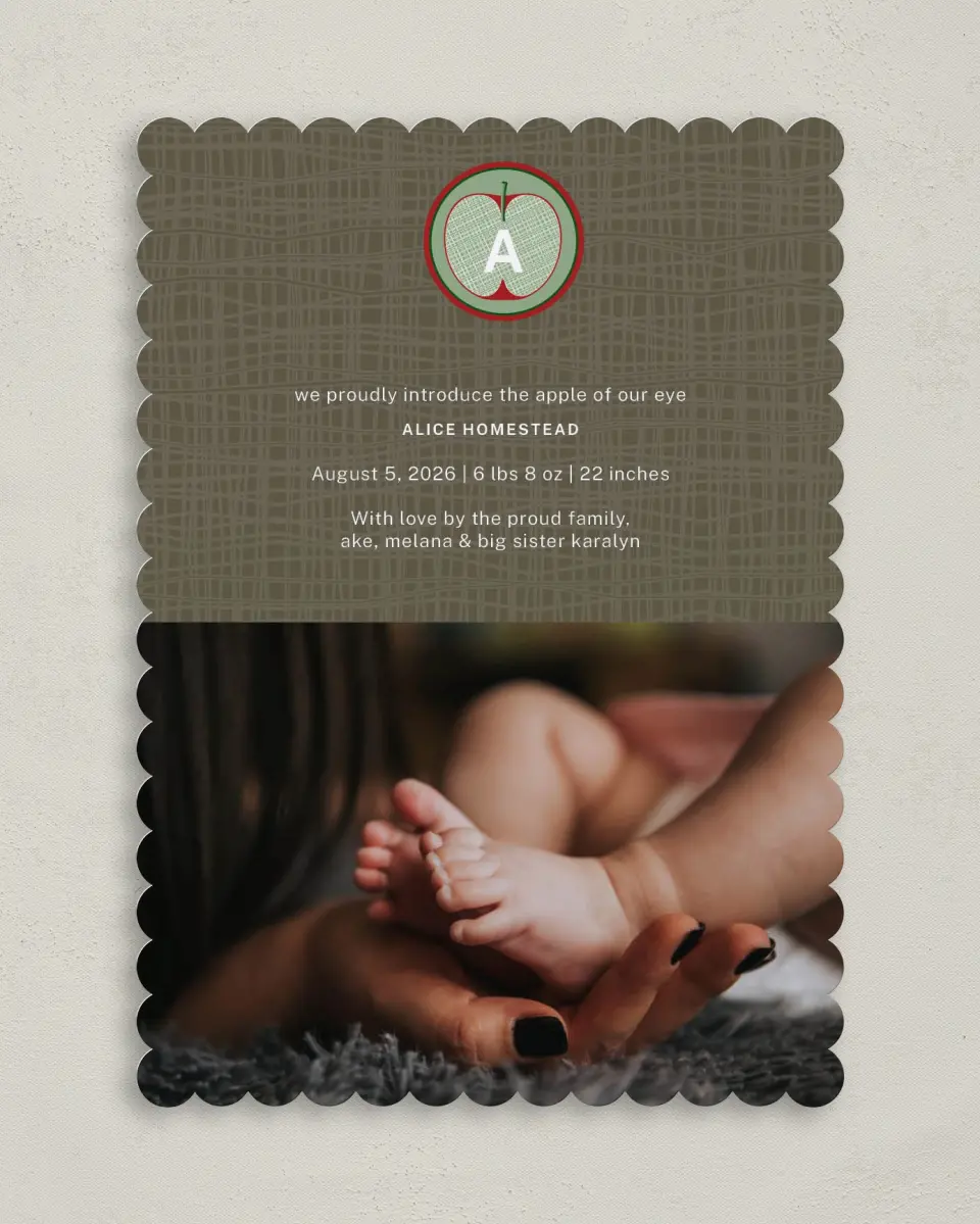 This is a 5" x 7" Birth Announcement Card called Apple of My Eye printed in full color on Premium Smooth paper