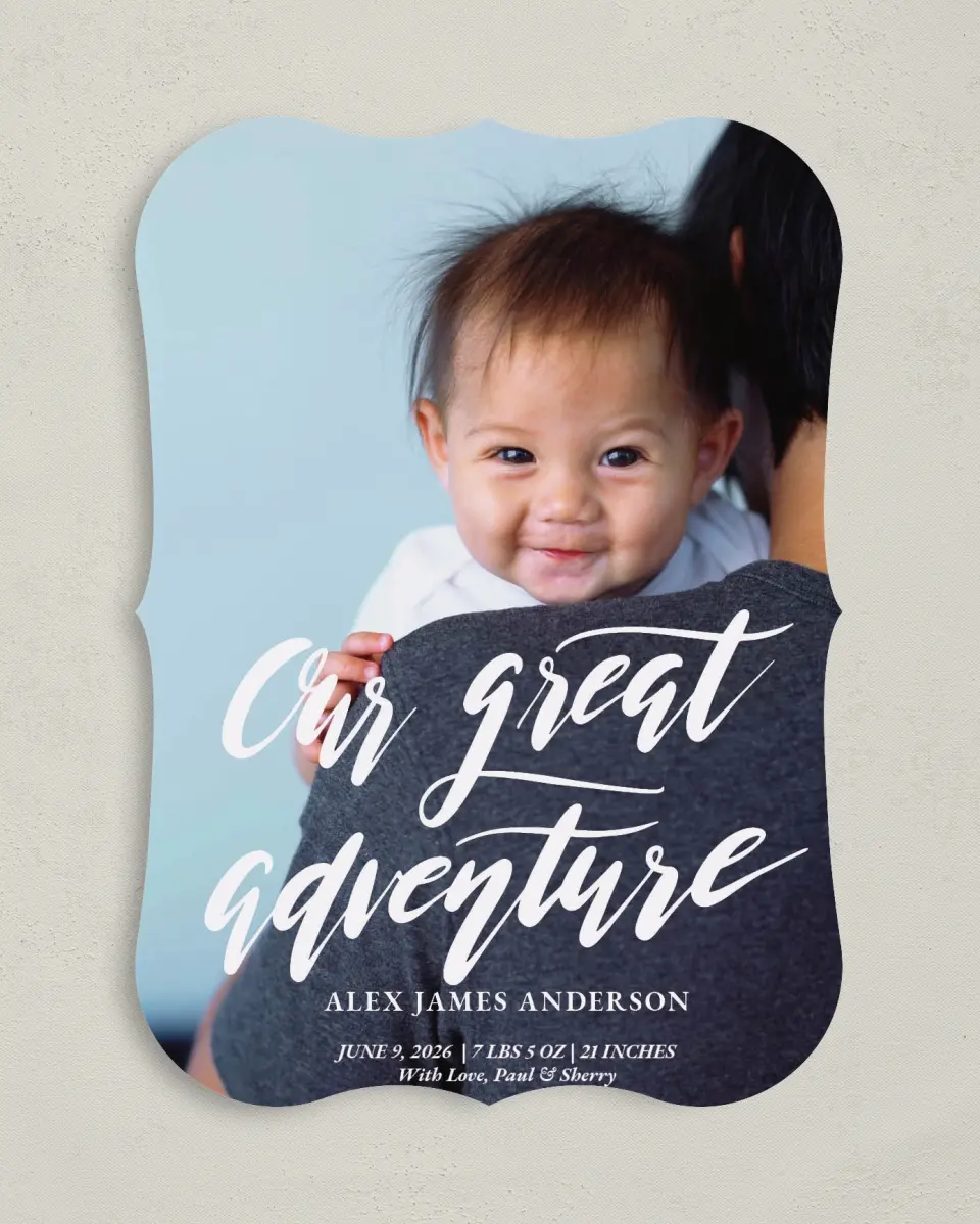 This is a 5" x 7" Birth Announcement Card called Great Adventure printed in full color on Premium Smooth paper