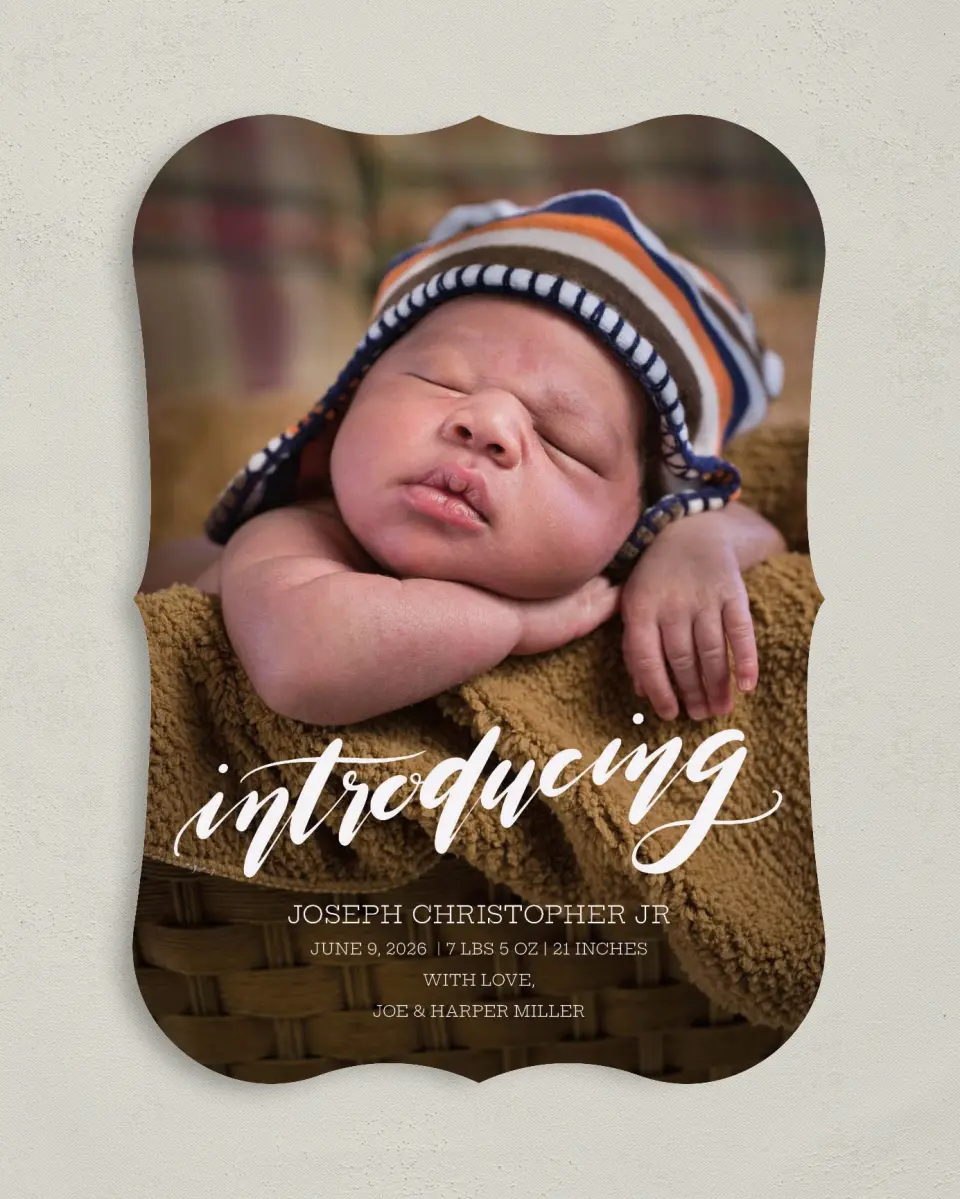 This is a 5" x 7" Birth Announcement Card called Baby Face printed in full color on Premium Smooth paper