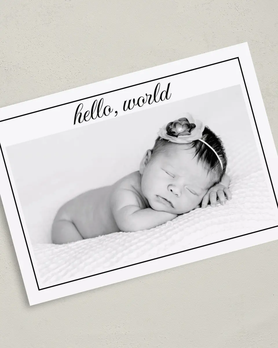 This is a 5" x 7" Birth Announcement Card called Lovely Sight printed in full color with Silver foil on Luxe Satin (coated) paper