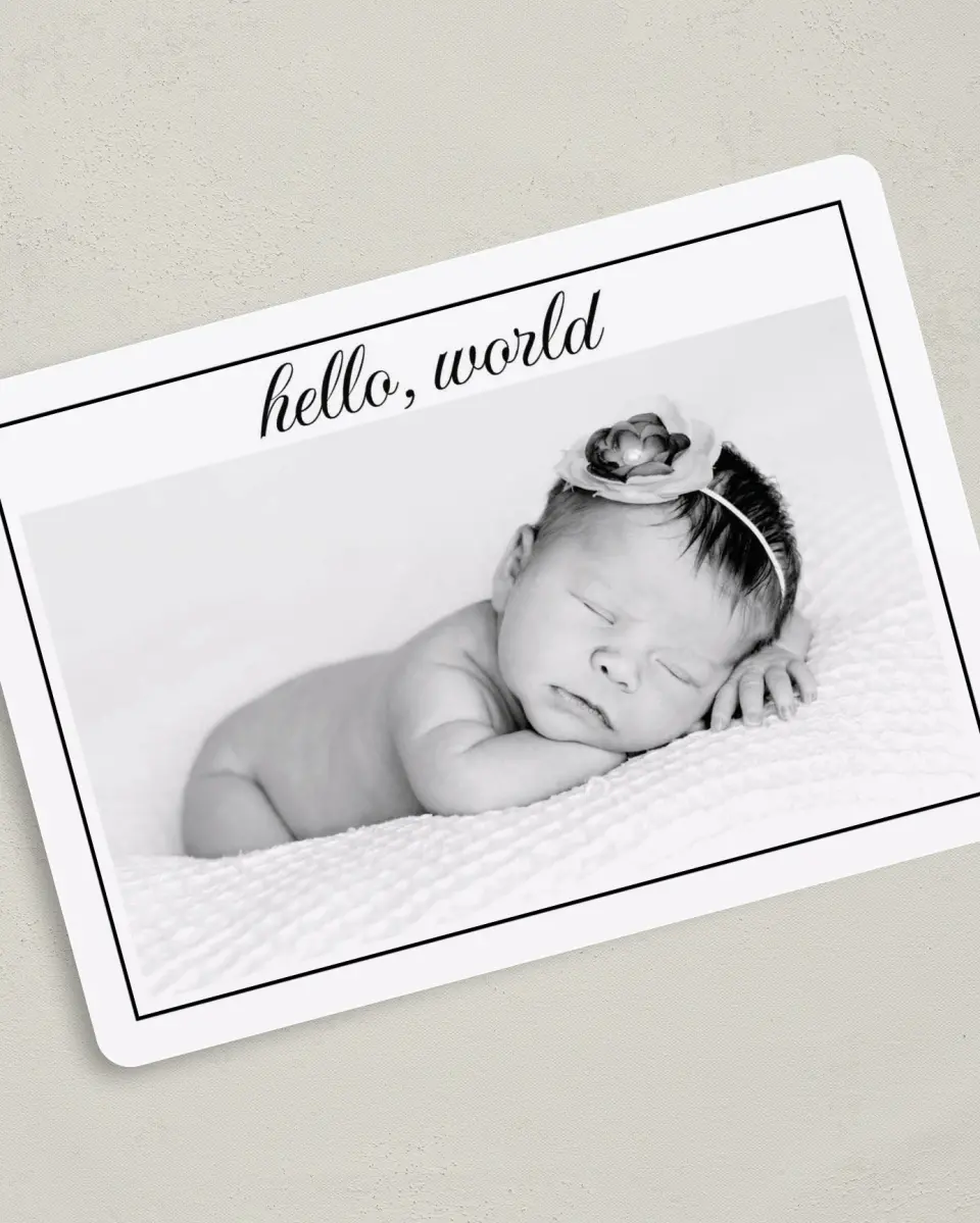 This is a 5" x 7" Birth Announcement Card called Lovely Sight printed in full color with Silver foil on Luxe Satin (coated) paper
