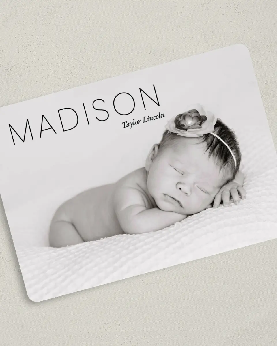 This is a 5" x 7" Birth Announcement Card called Cute Sweet printed in full color with Gold foil on Luxe Satin (coated) paper
