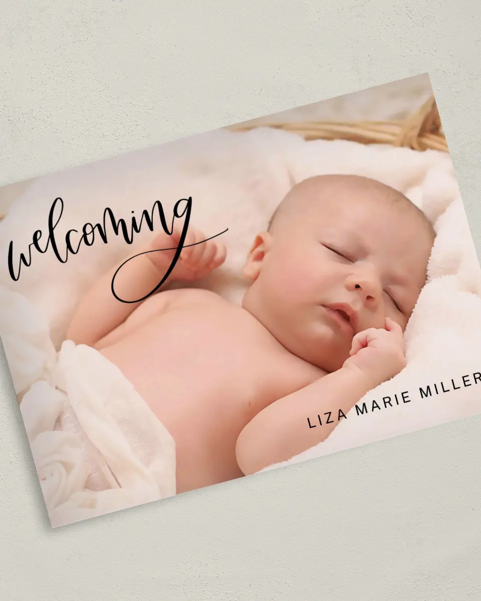 This is a 5" x 7" Birth Announcement Card called Welcome Bliss printed in full color with Silver foil on Luxe Satin (coated) paper