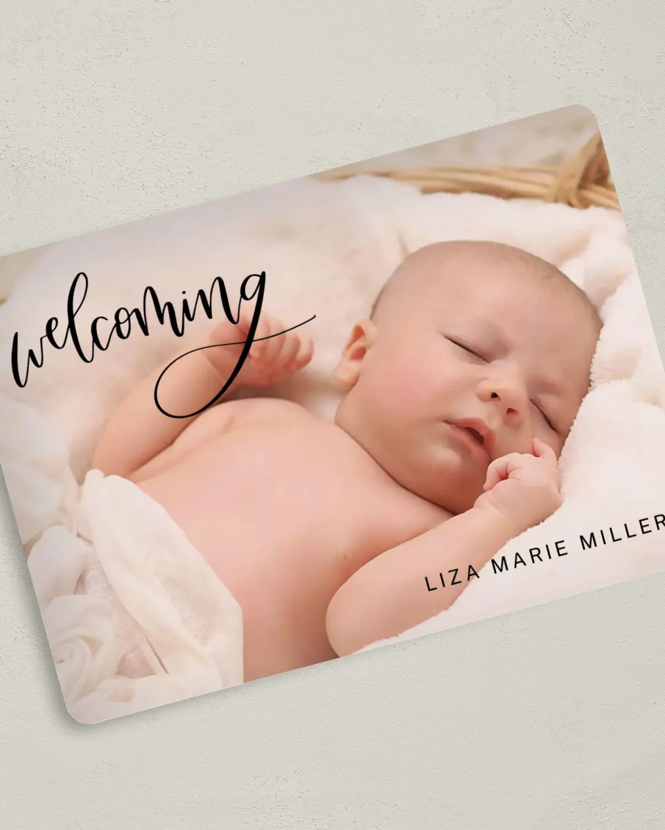 This is a 5" x 7" Birth Announcement Card called Welcome Bliss printed in full color with Silver foil on Luxe Satin (coated) paper