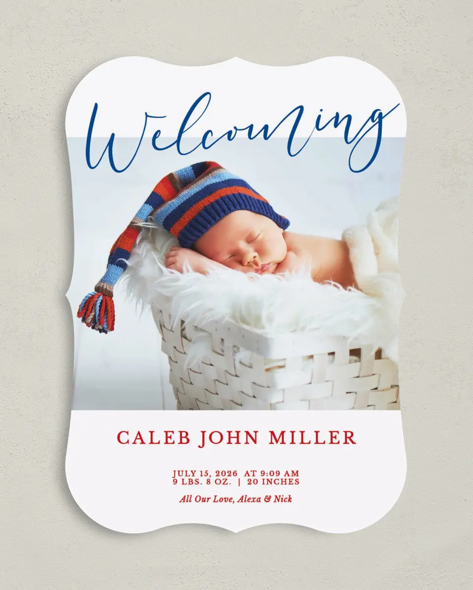 This is a 5" x 7" Birth Announcement Card called Banner Baby - Boy printed in full color on Premium Smooth paper