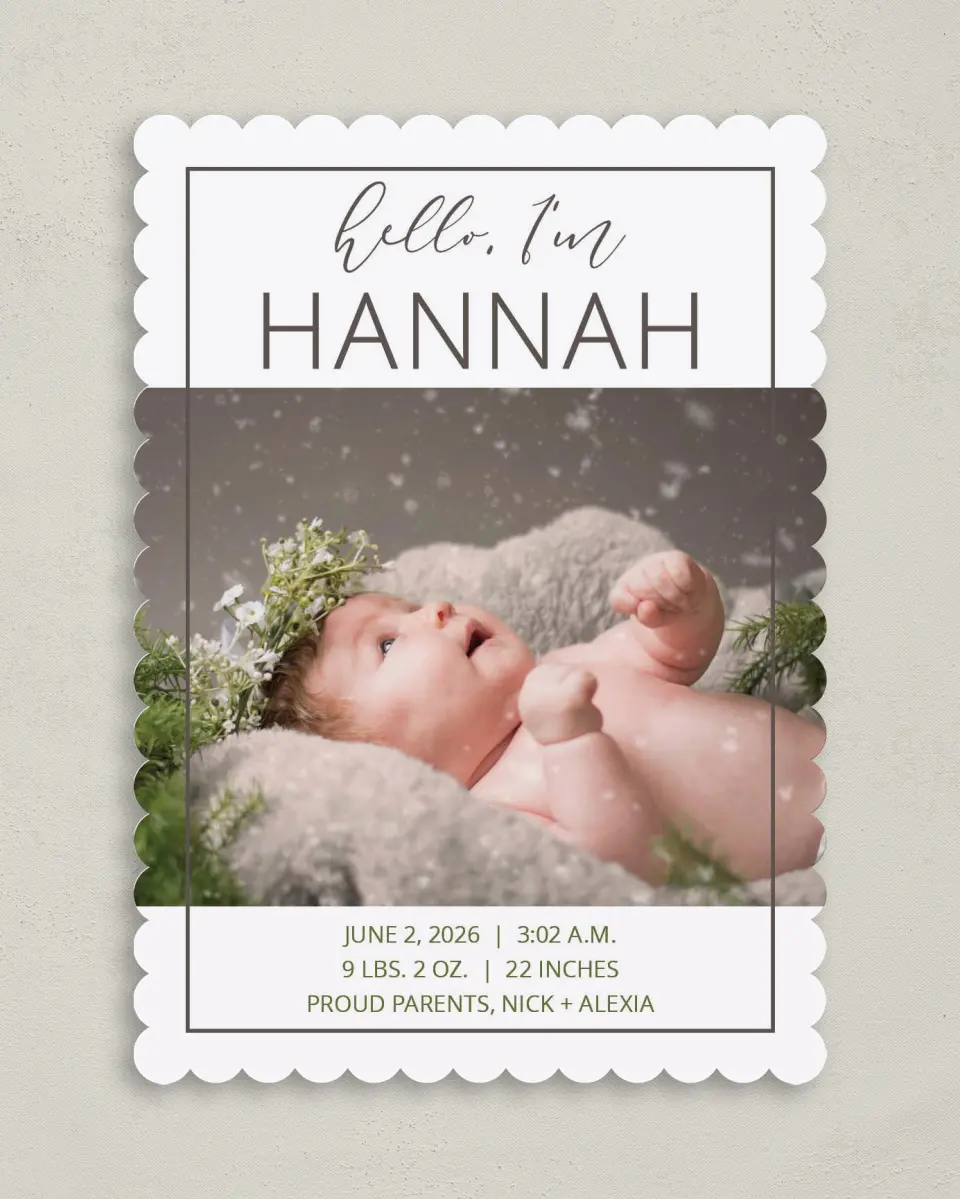 This is a 5" x 7" Birth Announcement Card called Hello My Heart printed in full color on Premium Smooth paper
