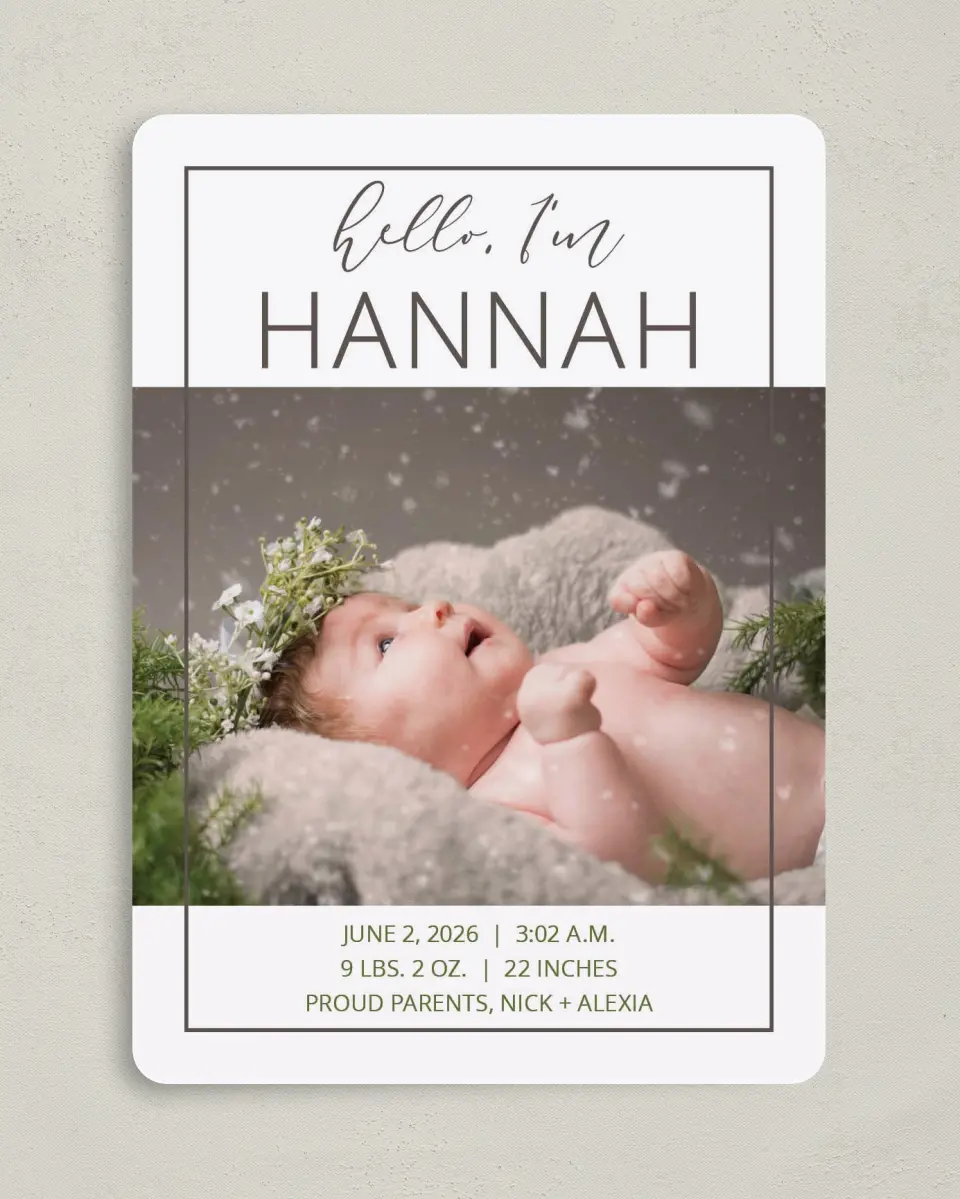 This is a 5" x 7" Birth Announcement Card called Hello My Heart printed in full color with Silver foil on Luxe Satin (coated) paper