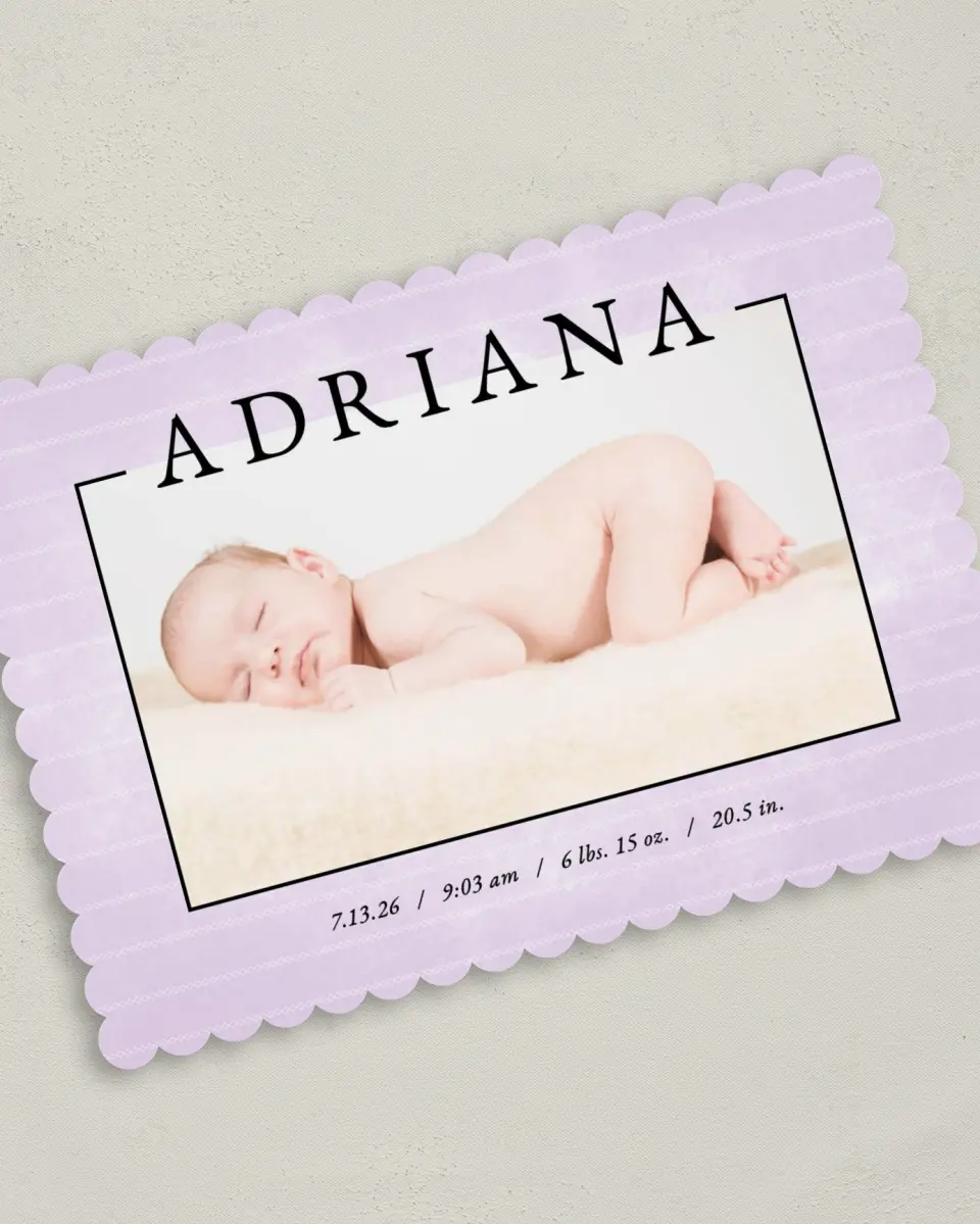This is a 5" x 7" Birth Announcement Card called Delicate Wash printed in full color on Premium Smooth paper