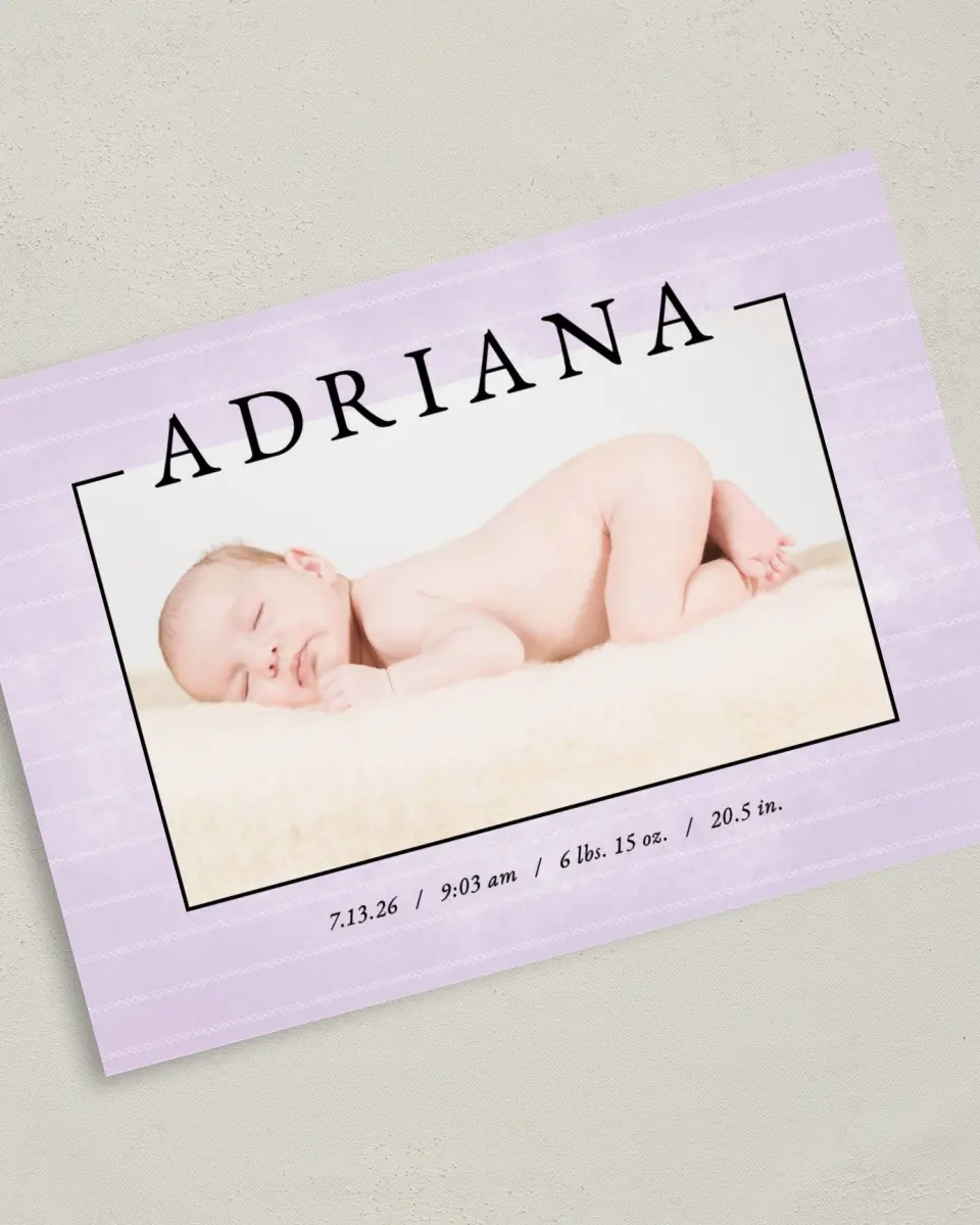 This is a 5" x 7" Birth Announcement Card called Delicate Wash printed in full color on Premium Smooth paper