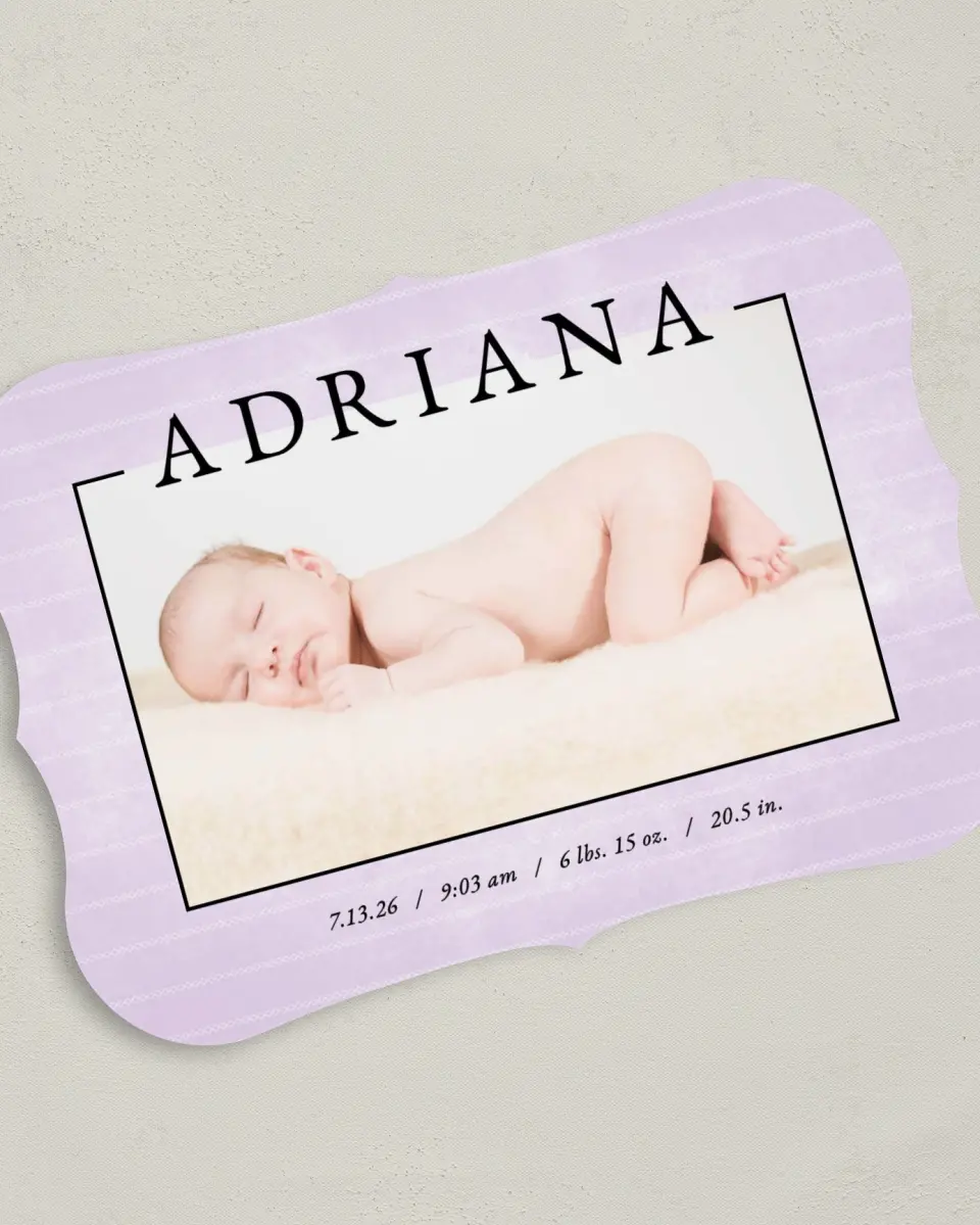 This is a 5" x 7" Birth Announcement Card called Delicate Wash printed in full color on Premium Smooth paper