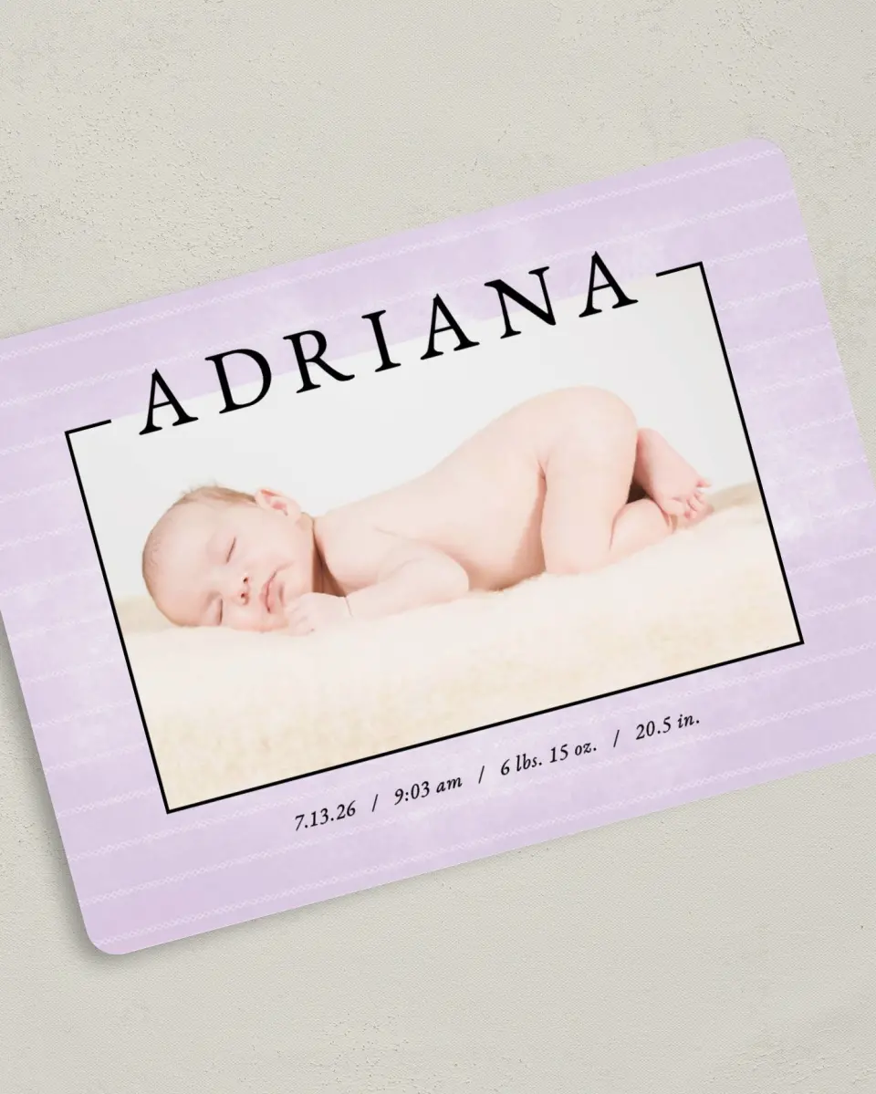 This is a 5" x 7" Birth Announcement Card called Delicate Wash printed in full color on Premium Smooth paper