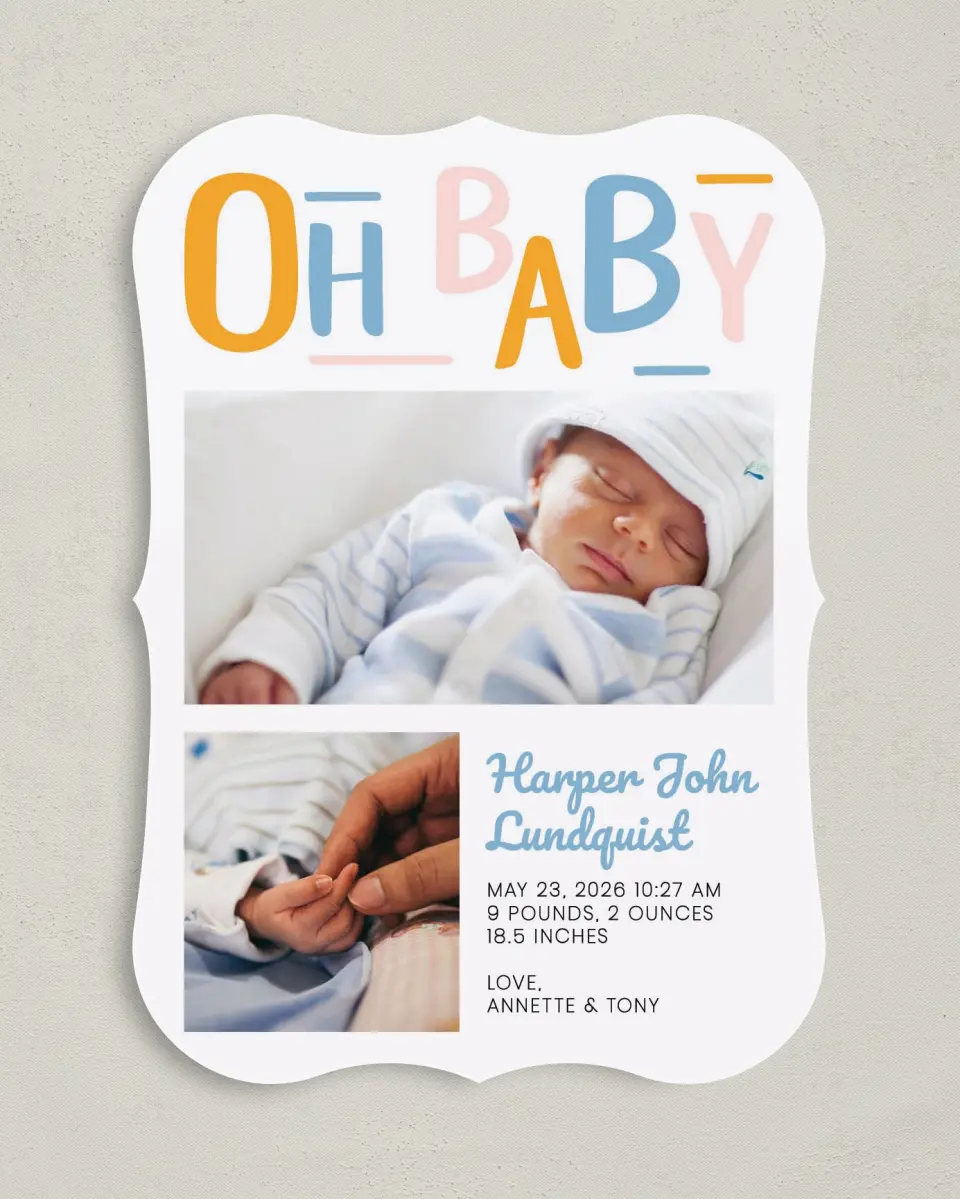This is a 5" x 7" Birth Announcement Card called Baby Baby printed in full color on Premium Smooth paper