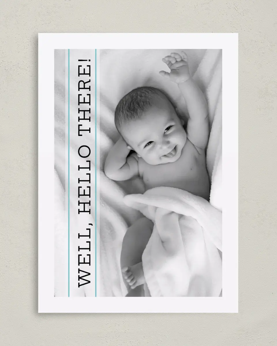 This is a 5" x 7" Birth Announcement Card called Hello Mountain printed in full color with Silver foil on Luxe Satin (coated) paper