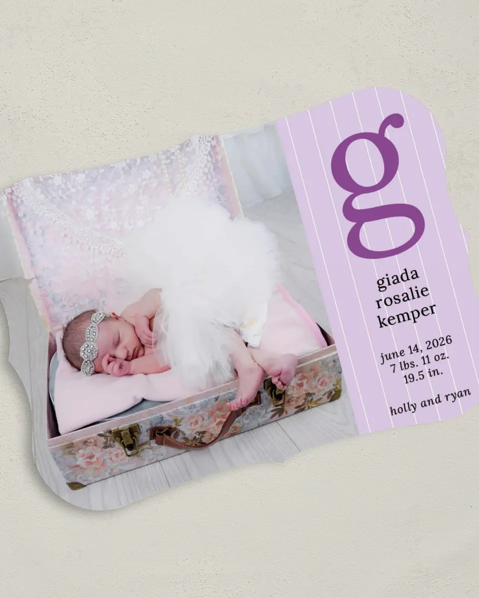 This is a 5" x 7" Birth Announcement Card called Gleaming Monogram printed in full color on Premium Smooth paper