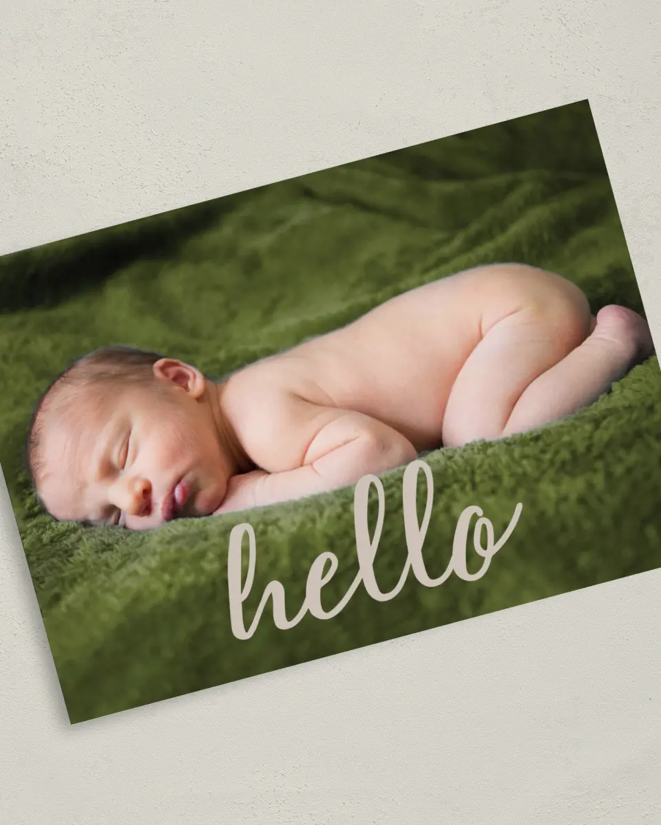 This is a 5" x 7" Birth Announcement Card called Contemporary Hello printed in full color with Silver foil on Luxe Satin (coated) paper
