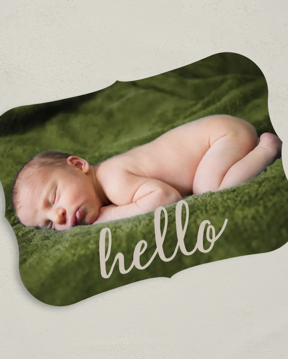 This is a 5" x 7" Birth Announcement Card called Contemporary Hello printed in full color on Premium Smooth paper
