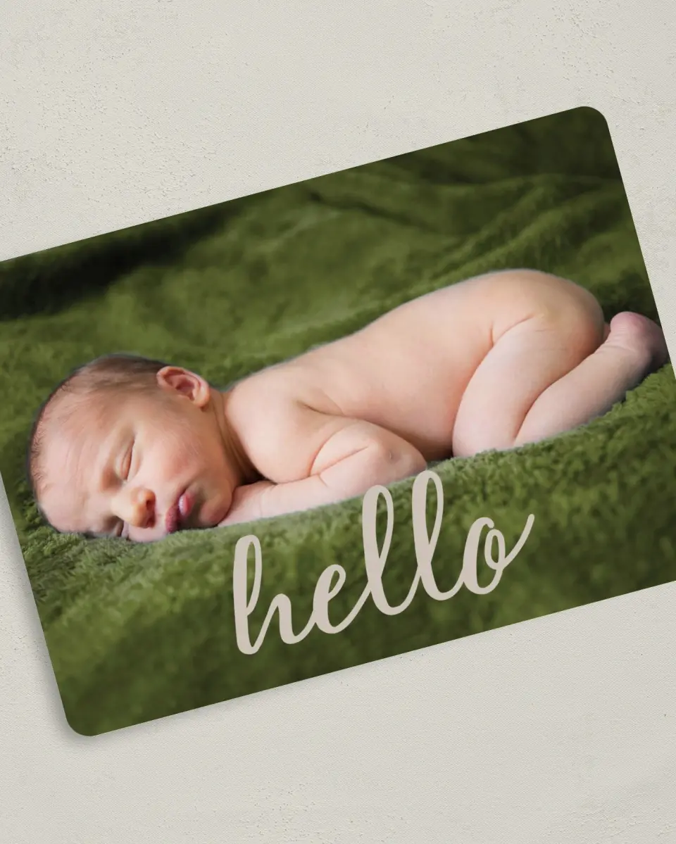This is a 5" x 7" Birth Announcement Card called Contemporary Hello printed in full color on Premium Smooth paper