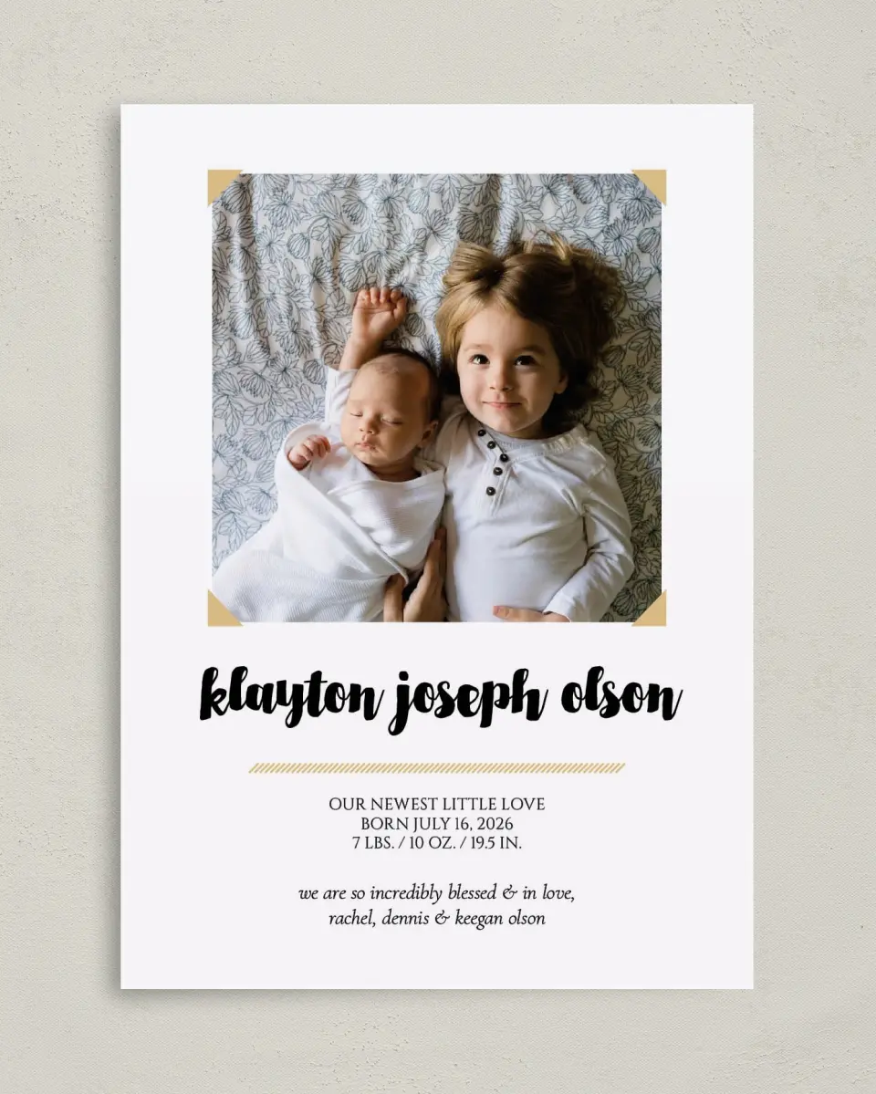 This is a 5" x 7" Birth Announcement Card called Pure Love printed in full color with Silver foil on Luxe Satin (coated) paper