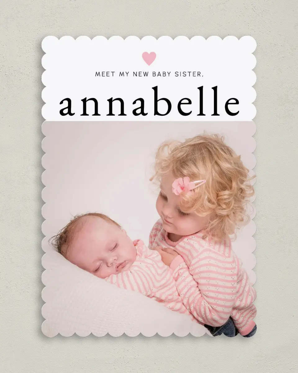 This is a 5" x 7" Birth Announcement Card called Meet Cute printed in full color on Premium Smooth paper