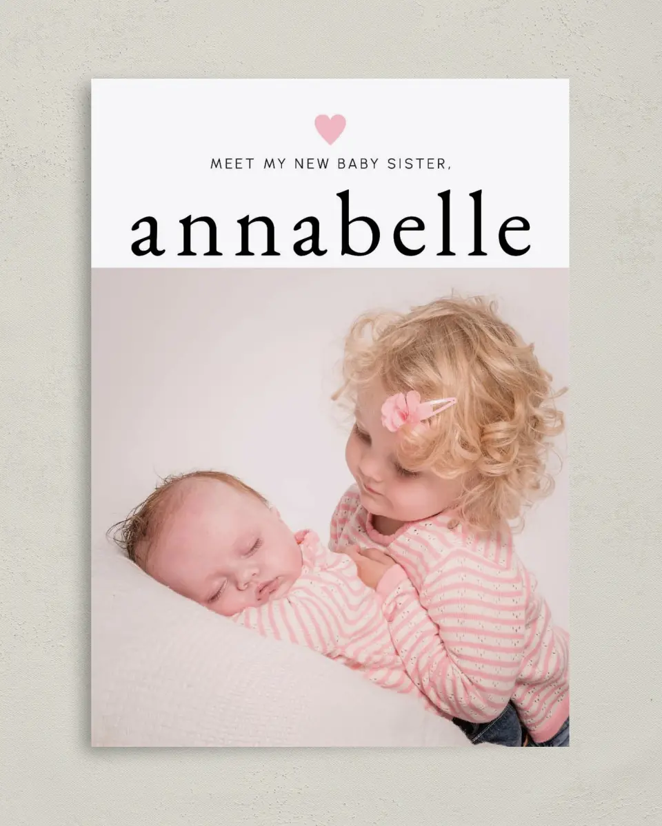 This is a 5" x 7" Birth Announcement Card called Meet Cute printed in full color with Silver foil on Luxe Satin (coated) paper