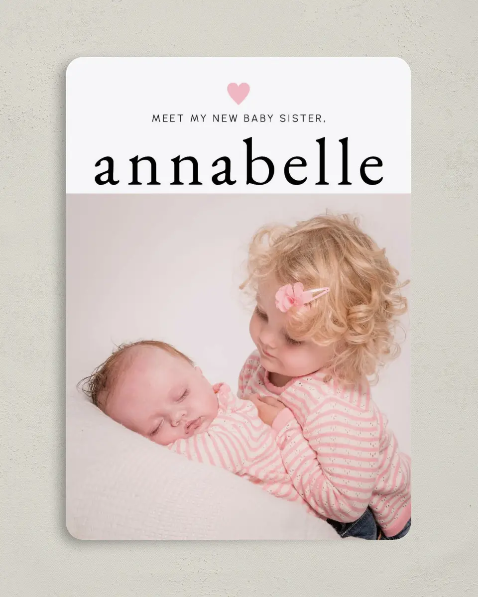 This is a 5" x 7" Birth Announcement Card called Meet Cute printed in full color with Silver foil on Luxe Satin (coated) paper