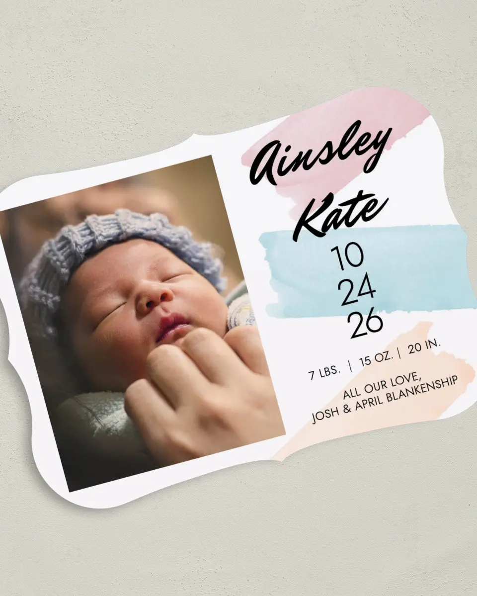 This is a 5" x 7" Birth Announcement Card called Stylish Strokes printed in full color on Premium Smooth paper