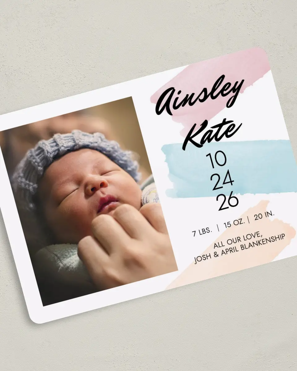 This is a 5" x 7" Birth Announcement Card called Stylish Strokes printed in full color on Premium Smooth paper