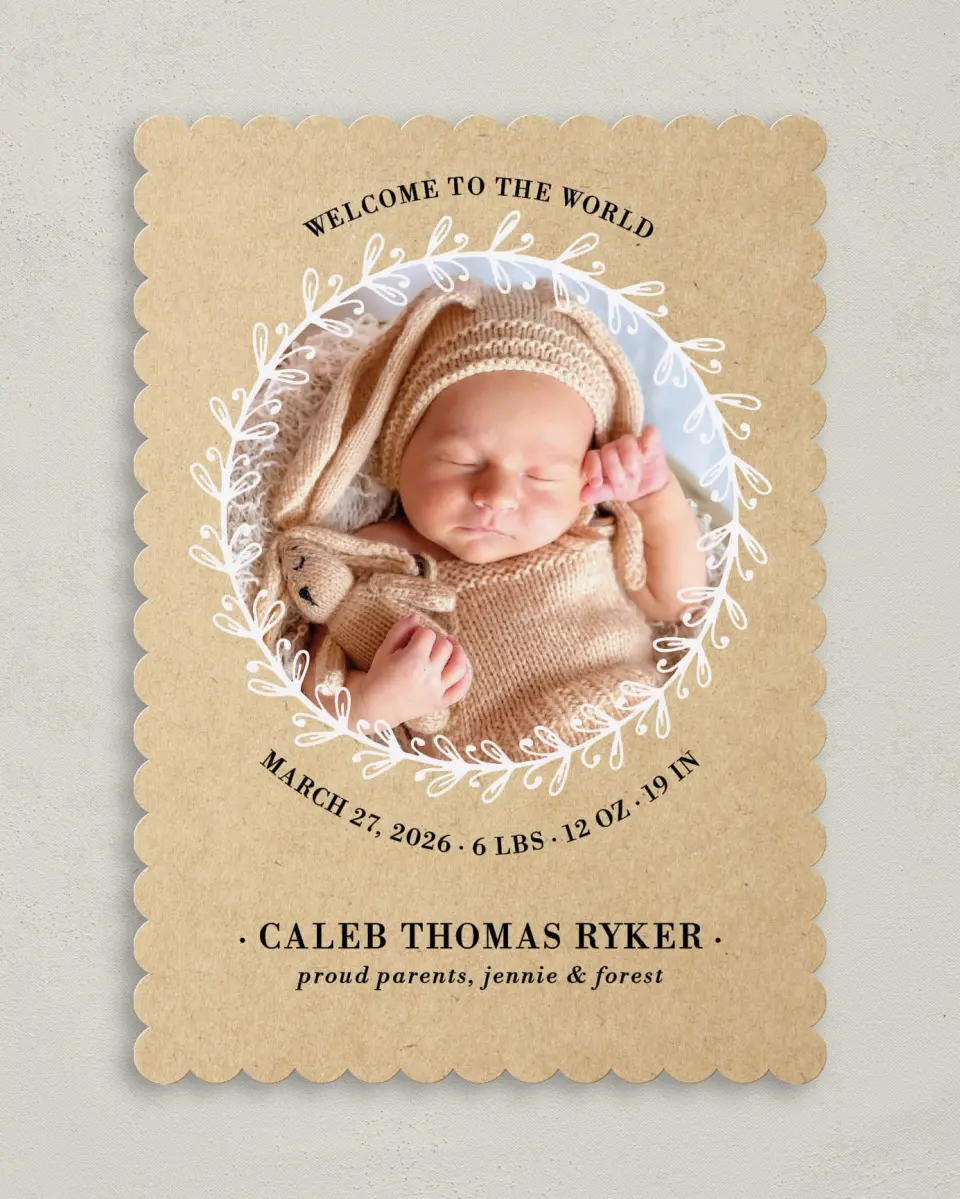 This is a 5" x 7" Birth Announcement Card called Sweet Wreath printed in full color on Premium Smooth paper