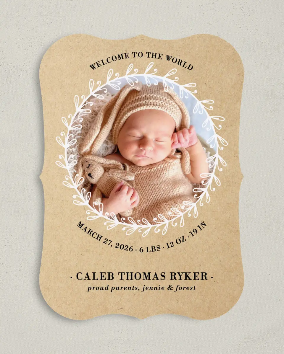 This is a 5" x 7" Birth Announcement Card called Sweet Wreath printed in full color on Premium Smooth paper