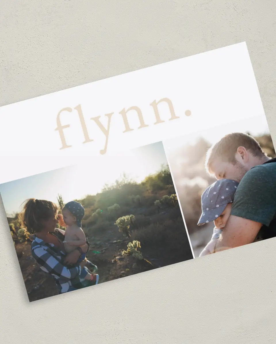 This is a 5" x 7" Birth Announcement Card called Banner Name printed in full color with Gold foil on Luxe Satin (coated) paper