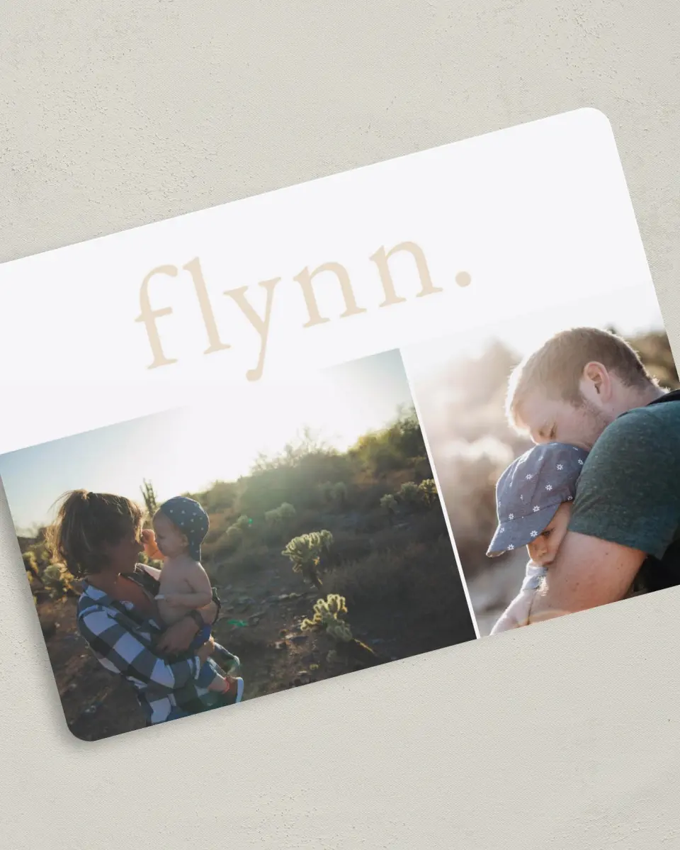 This is a 5" x 7" Birth Announcement Card called Banner Name printed in full color with Silver foil on Luxe Satin (coated) paper