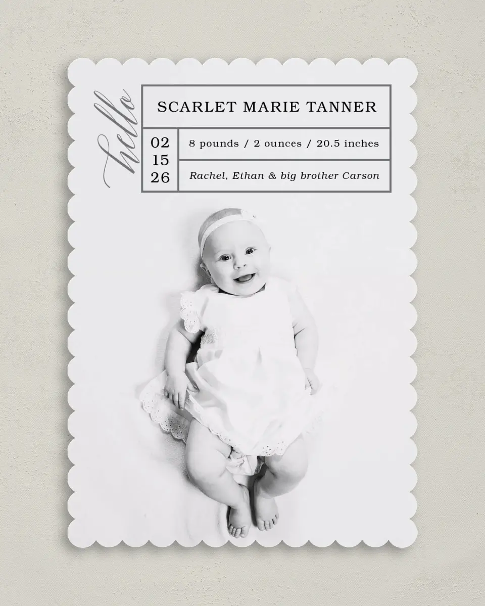 This is a 5" x 7" Birth Announcement Card called Baby Stats printed in full color on Premium Smooth paper