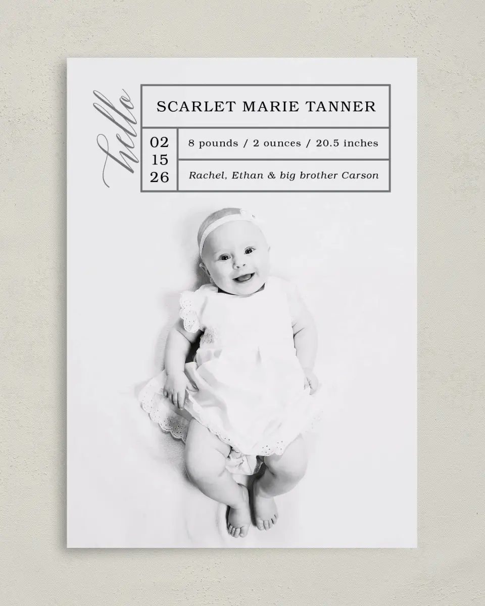 This is a 5" x 7" Birth Announcement Card called Baby Stats printed in full color on Premium Smooth paper