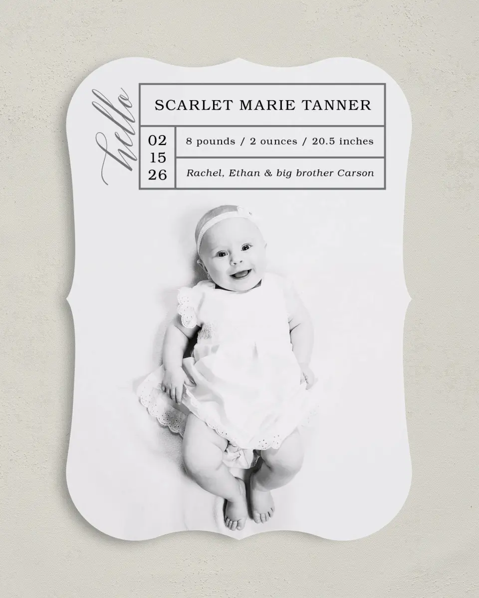 This is a 5" x 7" Birth Announcement Card called Baby Stats printed in full color on Premium Smooth paper