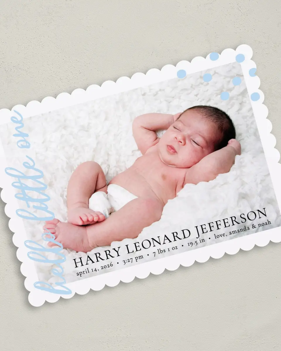 This is a 5" x 7" Birth Announcement Card called Hello Little printed in full color on Premium Smooth paper
