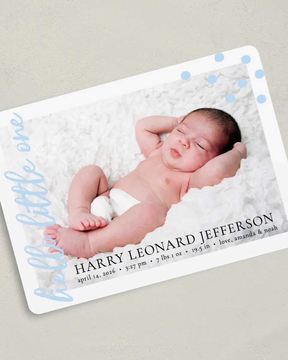 This is a 5" x 7" Birth Announcement Card called Hello Little printed in full color with Silver foil on Luxe Satin (coated) paper