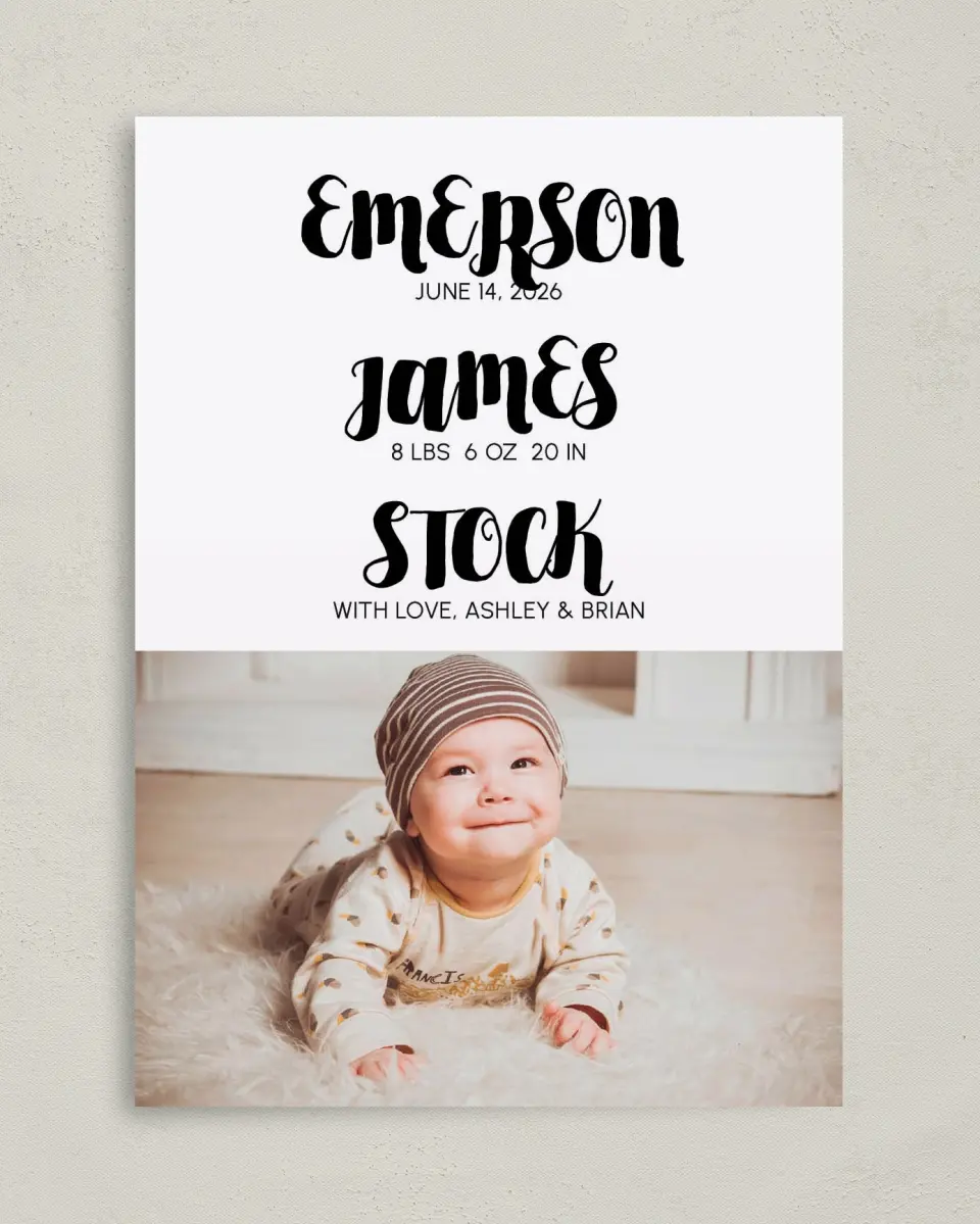 This is a 5" x 7" Birth Announcement Card called Smiling Eyes printed in full color on Premium Smooth paper