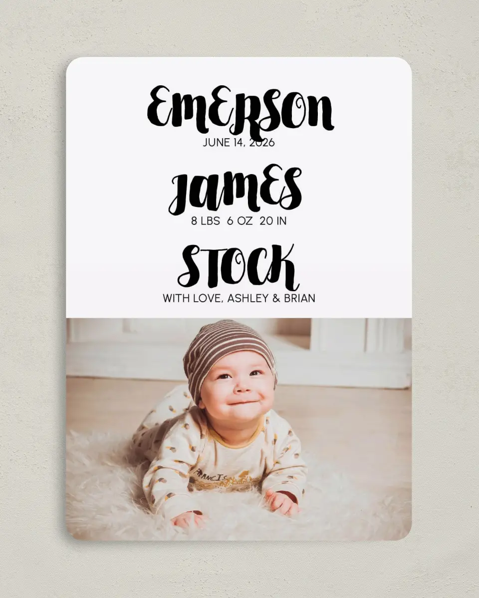 This is a 5" x 7" Birth Announcement Card called Smiling Eyes printed in full color with Silver foil on Luxe Satin (coated) paper