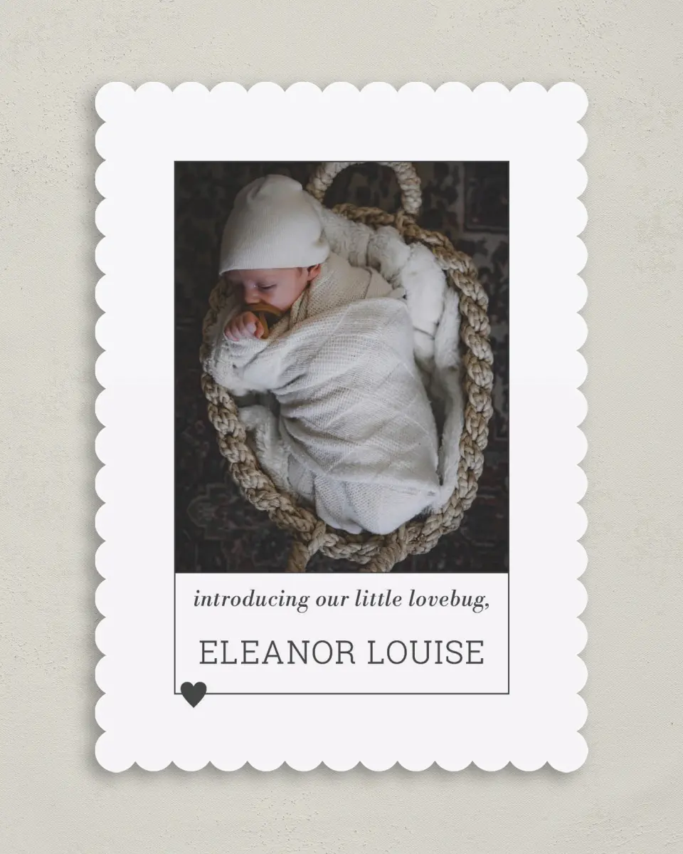 This is a 5" x 7" Birth Announcement Card called Heart of Love printed in full color on Premium Smooth paper
