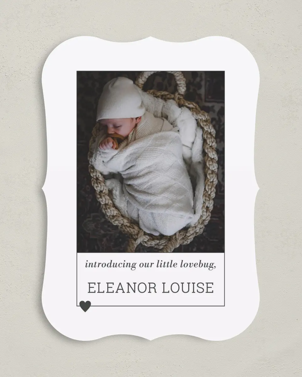 This is a 5" x 7" Birth Announcement Card called Heart of Love printed in full color on Premium Smooth paper