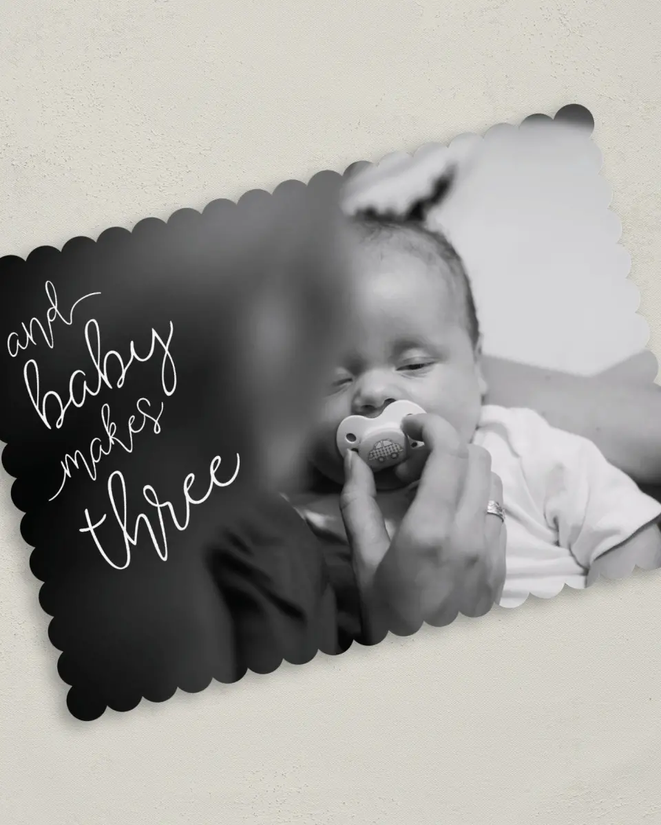 This is a 5" x 7" Birth Announcement Card called Baby Makes Three printed in full color on Premium Smooth paper