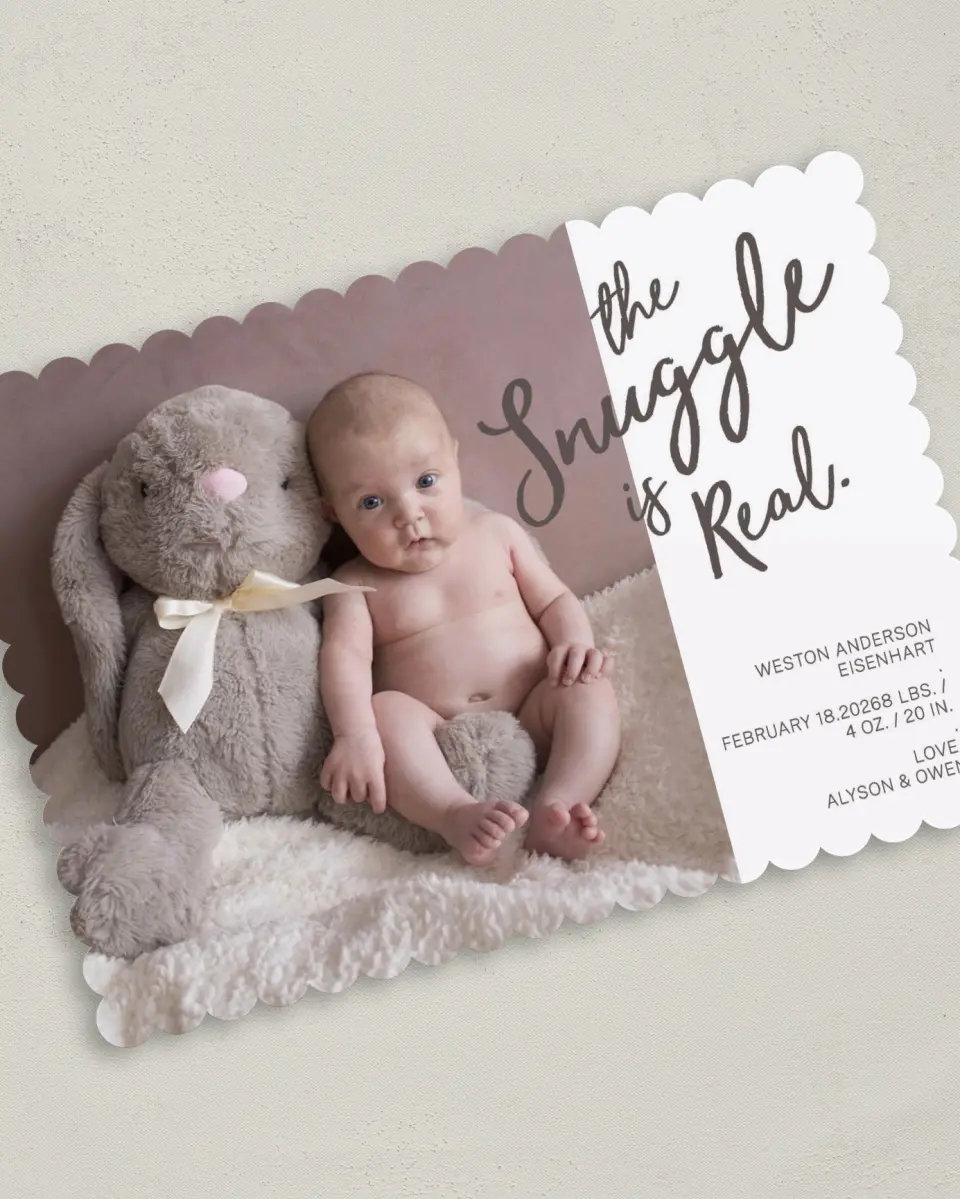This is a 5" x 7" Birth Announcement Card called Snuggle Me printed in full color on Premium Smooth paper