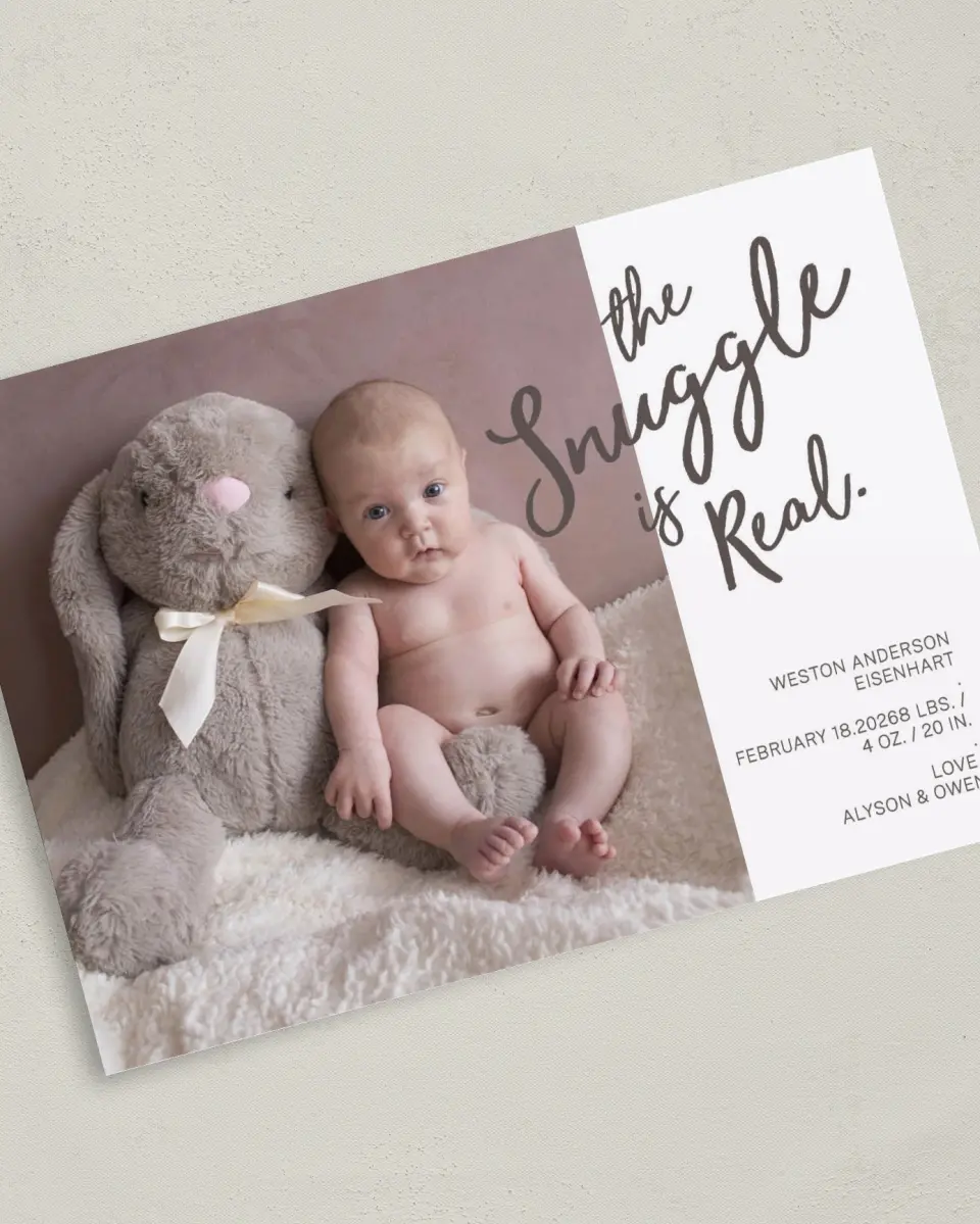 This is a 5" x 7" Birth Announcement Card called Snuggle Me printed in full color with Silver foil on Luxe Satin (coated) paper