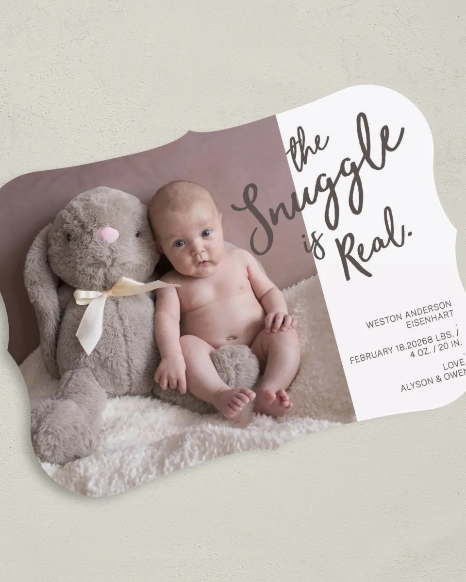 This is a 5" x 7" Birth Announcement Card called Snuggle Me printed in full color on Premium Smooth paper