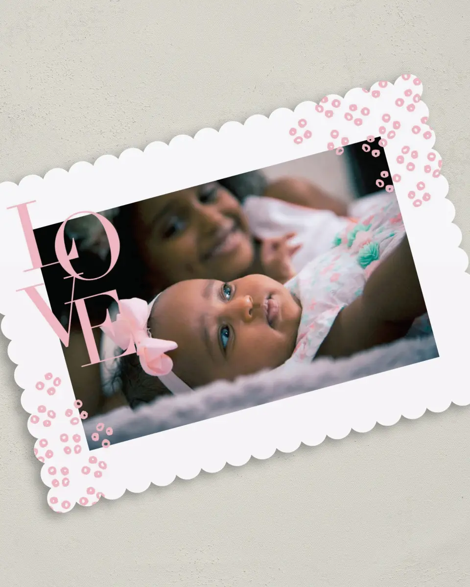 This is a 5" x 7" Birth Announcement Card called Family Love printed in full color on Premium Smooth paper