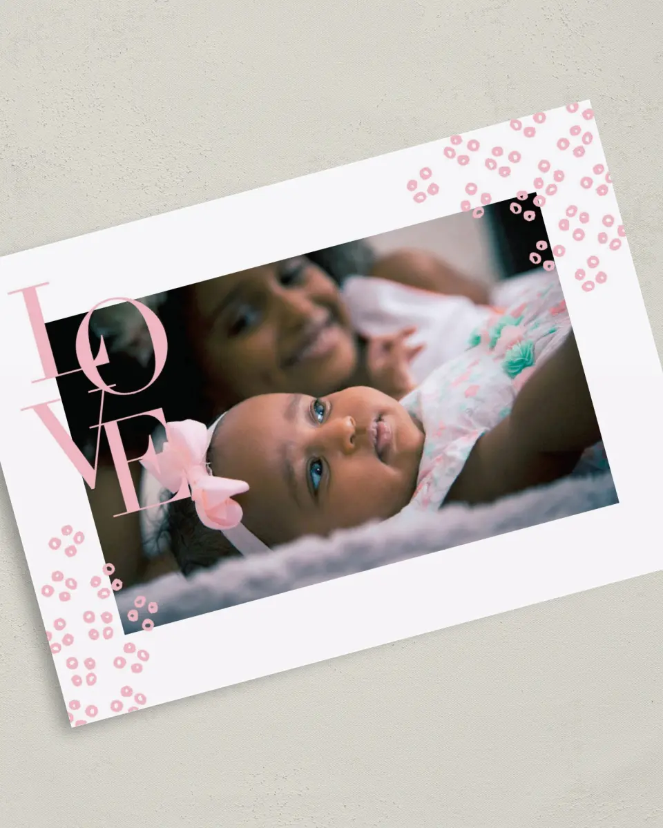 This is a 5" x 7" Birth Announcement Card called Family Love printed in full color with Silver foil on Luxe Satin (coated) paper