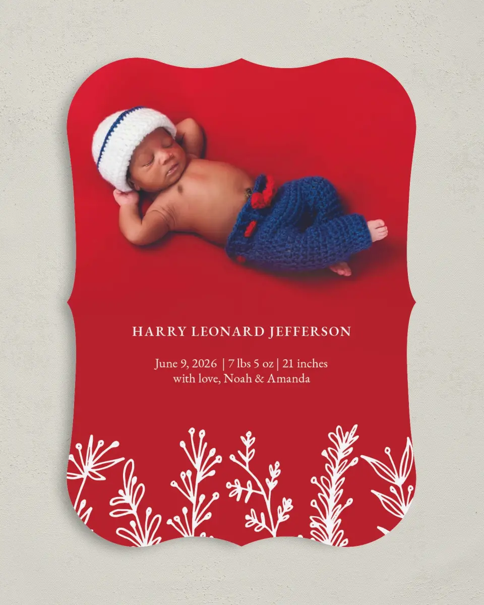 This is a 5" x 7" Birth Announcement Card called Country Setting printed in full color on Premium Smooth paper