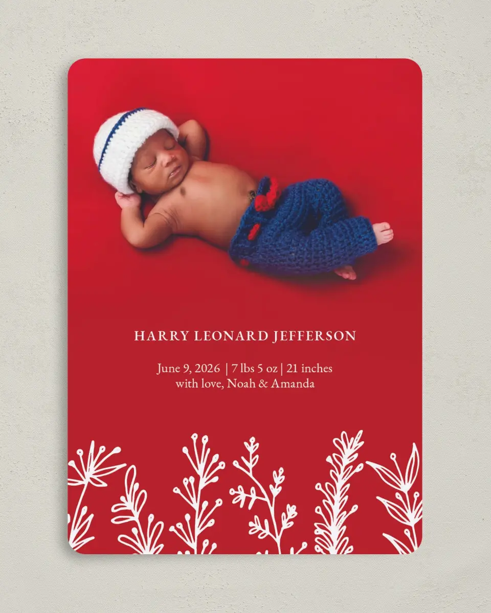 This is a 5" x 7" Birth Announcement Card called Country Setting printed in full color with Silver foil on Luxe Satin (coated) paper